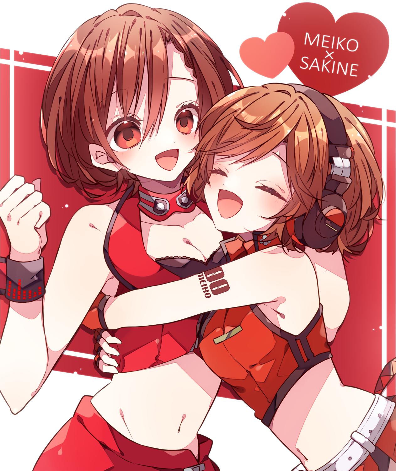 kaho 0102, meiko (vocaloid), meiko (vocaloid3), sakine meiko, vocaloid, commentary request, highres, 2girls, ^ ^, black bra, border, bra, bracelet, braid, breasts, brown hair, character name, cleavage, closed eyes, collar, crop top, headphones, heart, inset border, jewelry, large breasts, looking at another, multiple girls, navel, open mouth, red background, red collar, red eyes, red skirt, red vest, single braid, skirt, smile, underwear, vest, white background, white border