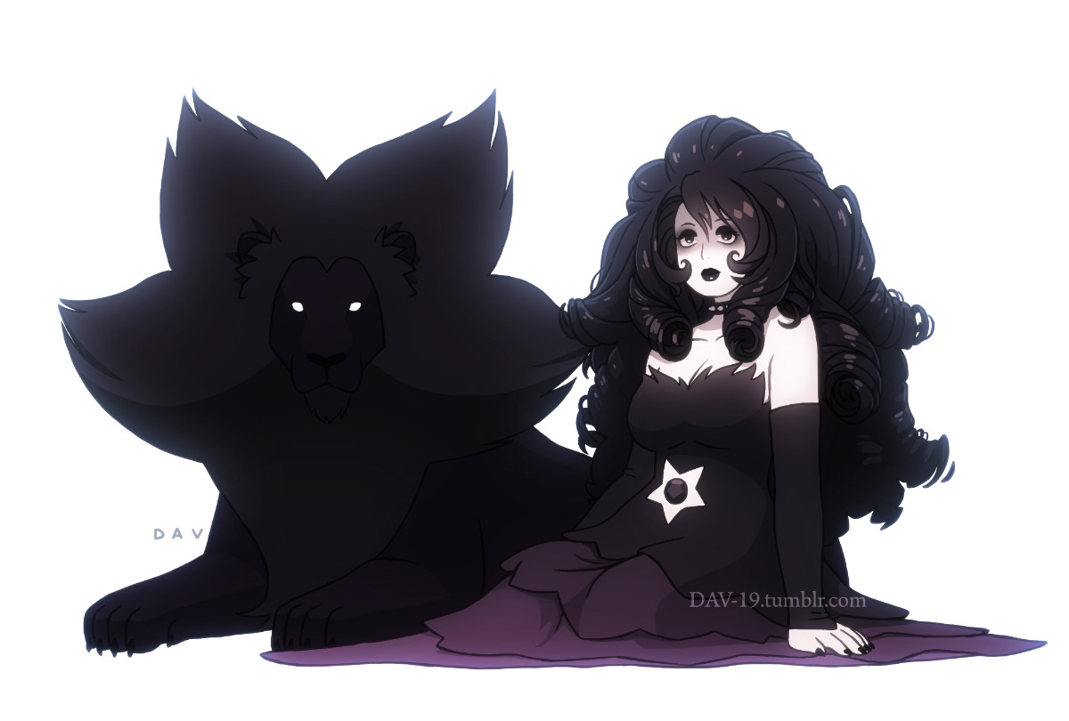 dav-19, lion (steven universe), rose quartz universe, steven universe, 1girl, breasts, cleavage, clothing cutout, curly hair, dress, gem, gem (steven universe), goth fashion, lion, long hair, looking at viewer, plump, ringlets, rose quartz (species) (steven universe), star cutout, stomach jewel, very long hair