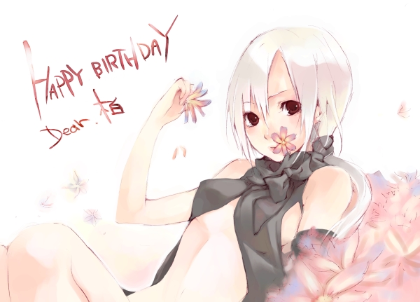 tagme, albino, flower, midriff, red eyes, short hair, solo, white hair