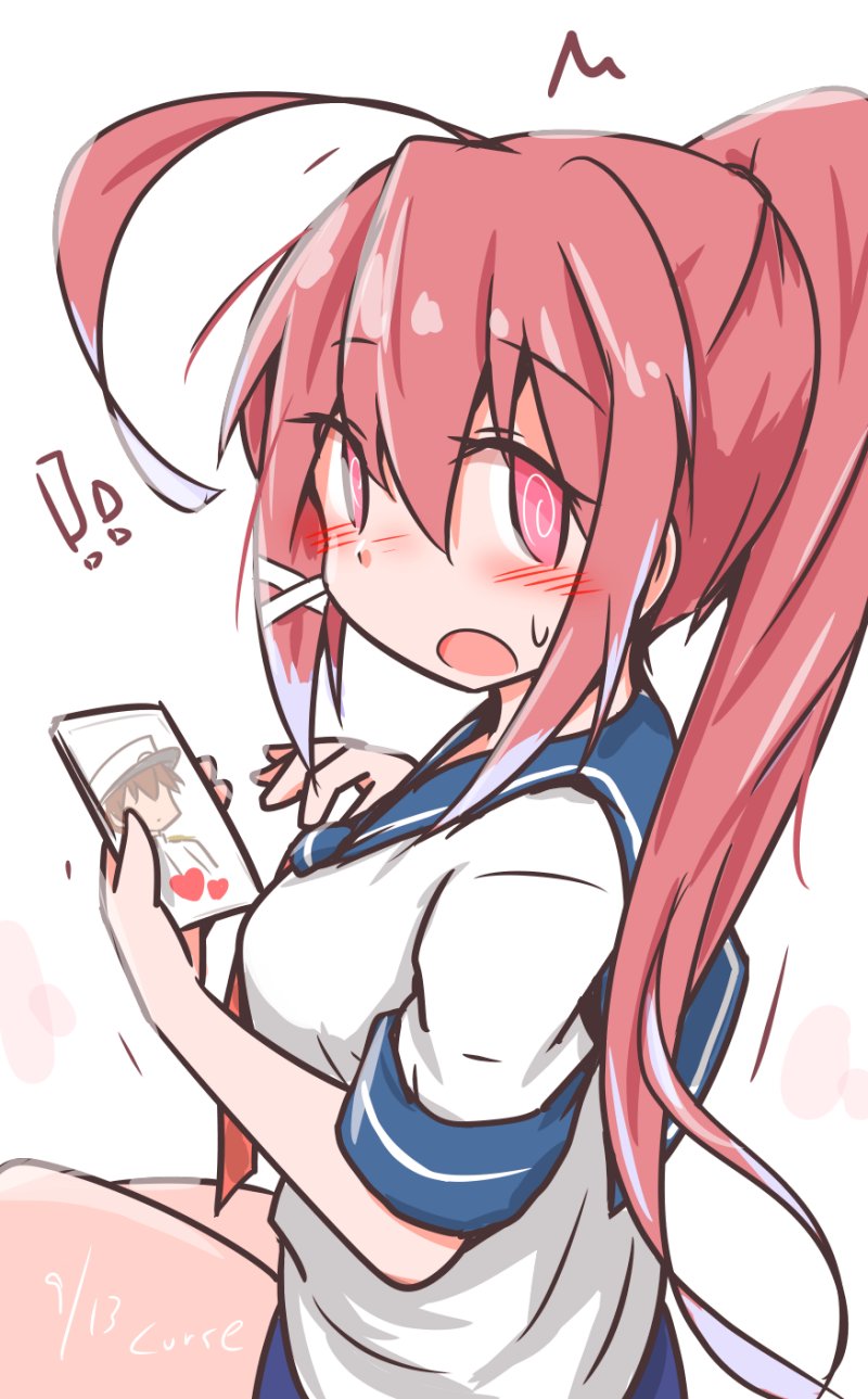 curse (023), i-168 (kancolle), kantai collection, highres, 1girl, ^^^, ahoge, blue one-piece swimsuit, blue sailor collar, blush stickers, long hair, neckerchief, one-hour drawing challenge, one-piece swimsuit, ponytail, red neckerchief, sailor collar, sailor shirt, school uniform, serafuku, serasuku, shirt, simple background, smartphopne, solo, swimsuit, swimsuit under clothes, white background, white shirt
