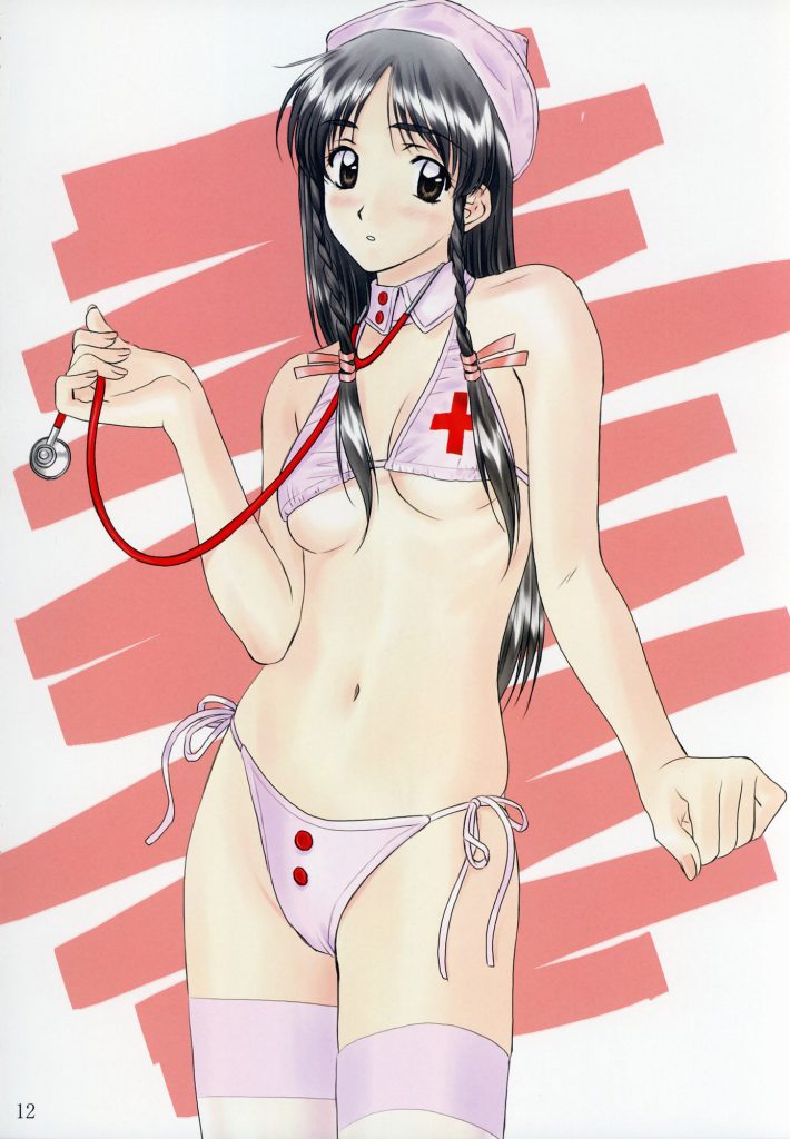 polorinken, sugihara manami, sentimental graffiti, 1990s (style), 1girl, bikini, black hair, blush, breasts, female focus, long hair, medium breasts, nurse, retro artstyle, side-tie bikini bottom, solo, stethoscope, swimsuit, thighhighs, underboob