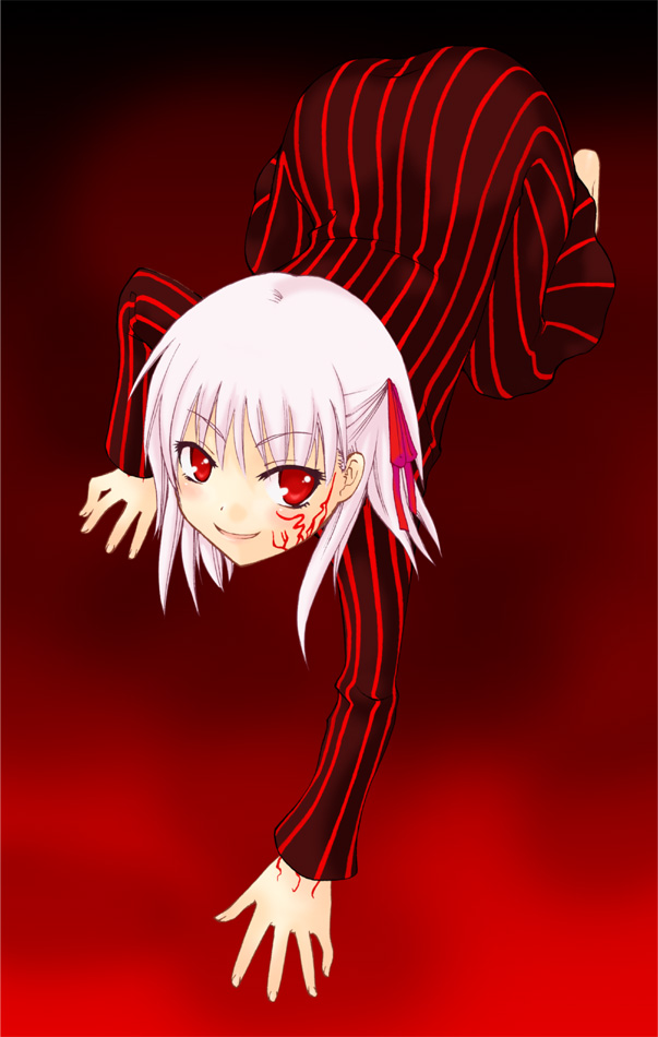 dark matou sakura, dark sakura, matou sakura, fate/stay night, fate (series), 00s, 1girl, albino, all fours, crawling, dress, female focus, full body, looking at viewer, red dress, red eyes, ribbed dress, solo, white hair
