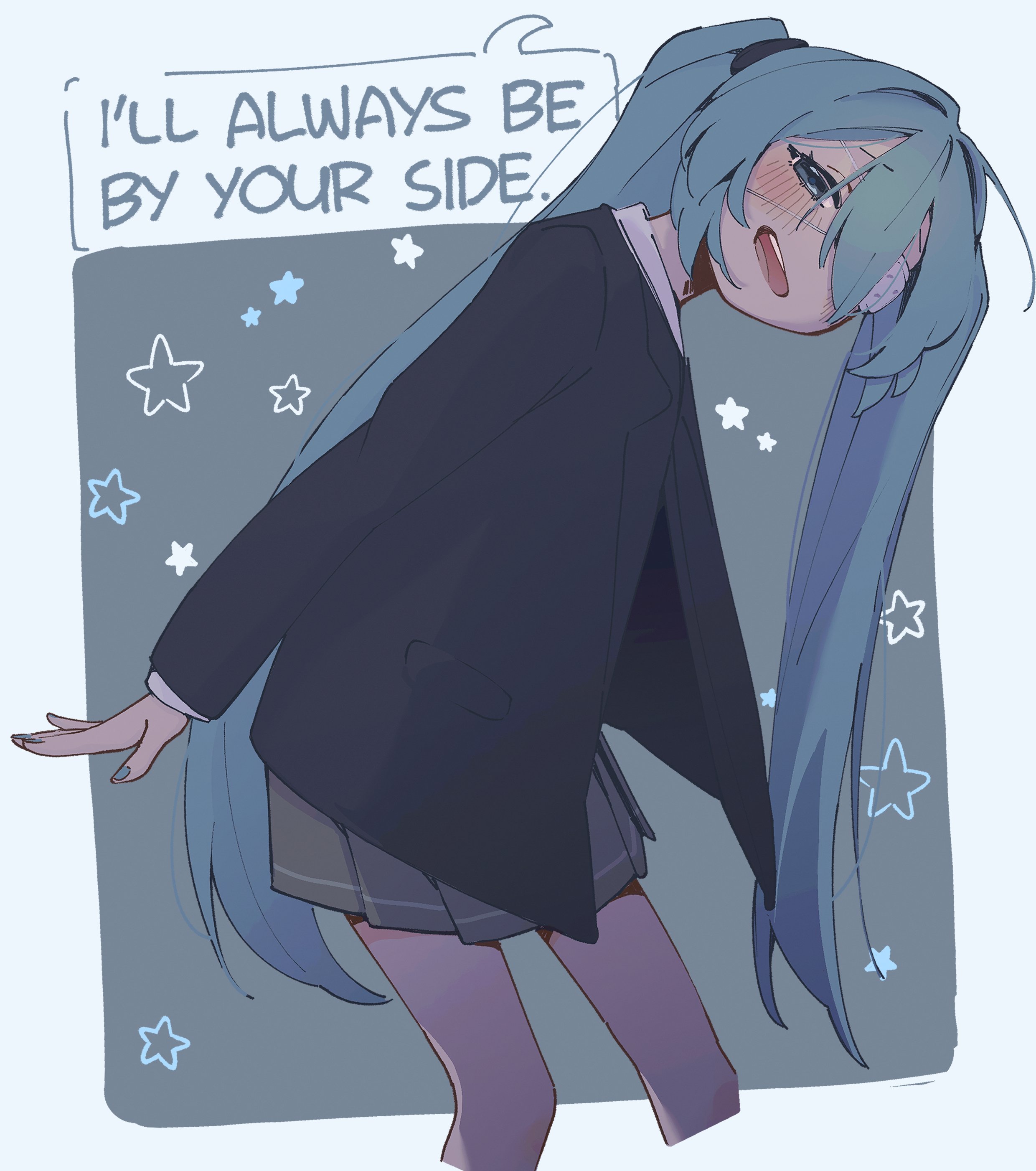 machuuu68, hatsune miku, monitoring (vocaloid), vocaloid, absurdres, highres, 1girl, aqua eyes, aqua hair, aqua nails, black jacket, black scrunchie, eyepatch, grey skirt, hair between eyes, hair intakes, hair ornament, hair scrunchie, jacket, long hair, looking at viewer, medical eyepatch, nail polish, open clothes, open jacket, pleated skirt, scrunchie, shirt, simple background, skirt, star (symbol), teeth, tongue, twintails, upper teeth only, very long hair, white shirt