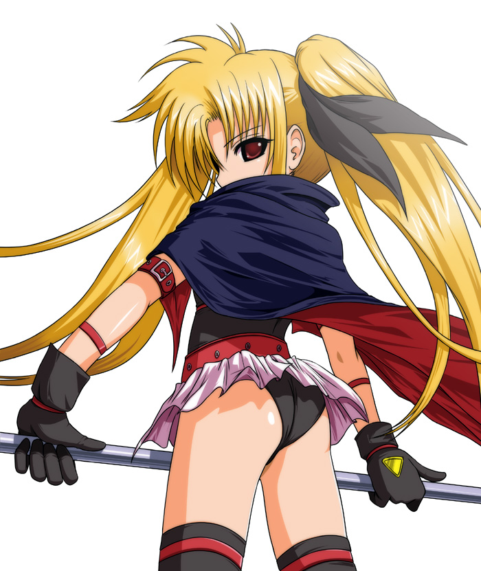 bardiche (nanoha), fate testarossa, fate testarossa (original form), lyrical nanoha, mahou shoujo lyrical nanoha, mahou shoujo lyrical nanoha a's, 00s, 1girl, arm strap, ass, belt, belt bra, belt skirt, black gloves, black thighhighs, blonde hair, buckle, cape, covered mouth, female focus, flat chest, from side, gloves, hair ribbon, holding, holding weapon, leotard, long hair, looking at viewer, looking back, magical girl, microskirt, panties, pantyshot, parted bangs, pleated skirt, polearm, profile, red eyes, ribbon, sidelocks, simple background, skirt, solo, studded belt, thigh strap, thighhighs, twintails, underwear, upskirt, very long hair, weapon, white background