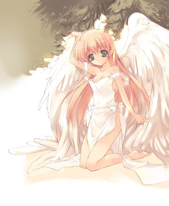 1girl, angel, arm up, bare shoulders, barefoot, blonde hair, breasts, dress, feet, female focus, full body, green eyes, kneeling, long hair, looking at viewer, pointy ears, revealing clothes, solo, white dress, wings