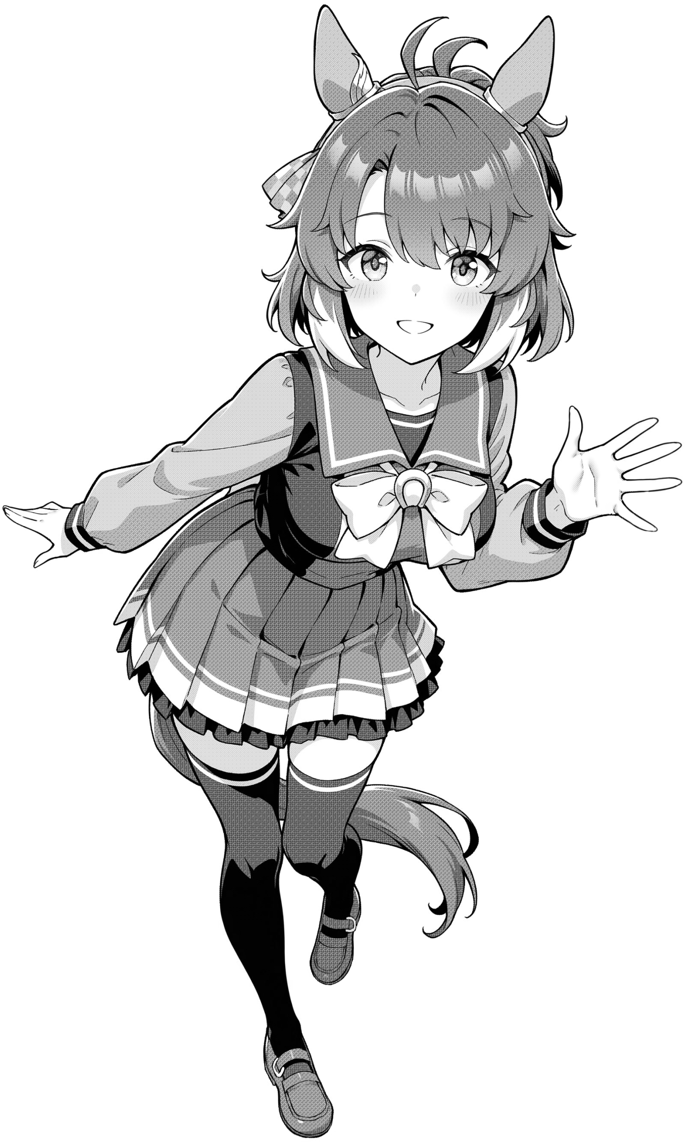 akagi koku, dantsu flame (umamusume), umamusume, commentary request, highres, 1girl, ahoge, animal ears, back bow, blush, bow, bowtie, breasts, collarbone, frilled skirt, frills, full body, greyscale, horse ears, horse girl, horse tail, large breasts, long sleeves, looking at viewer, monochrome, pleated skirt, sailor collar, school uniform, shirt, shoes, short hair, simple background, skirt, smile, solo, standing, standing on one leg, tail, thighhighs, tracen school uniform, waving, white background, zettai ryouiki