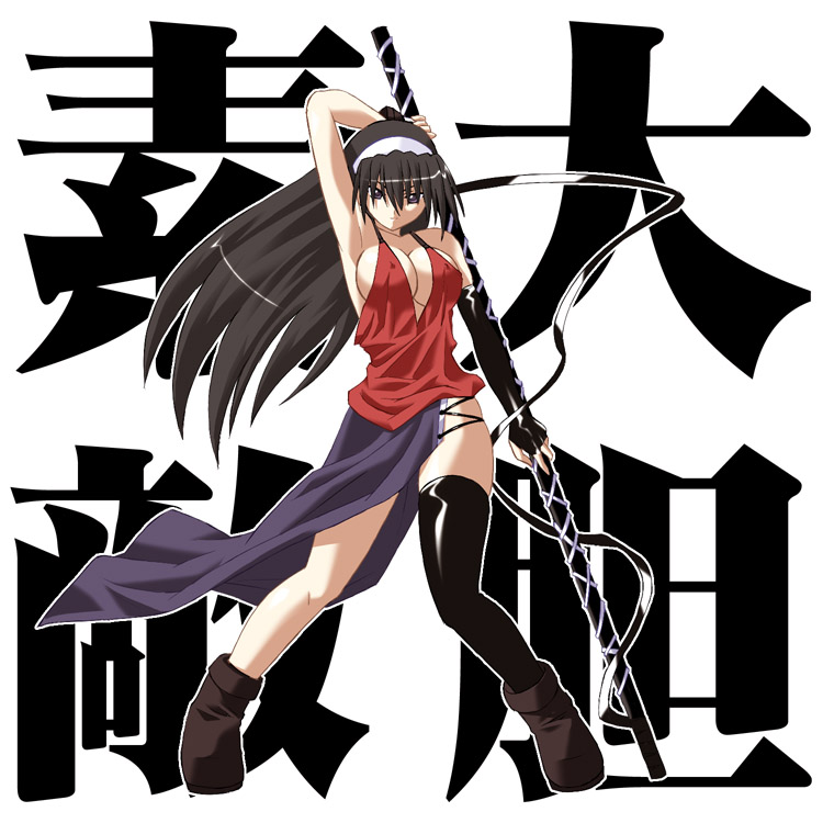 tokino, 1girl, asymmetrical clothes, black hair, blue eyes, breasts, cleavage, female focus, hairband, large breasts, long hair, single thighhigh, skirt, solo, staff, thighhighs