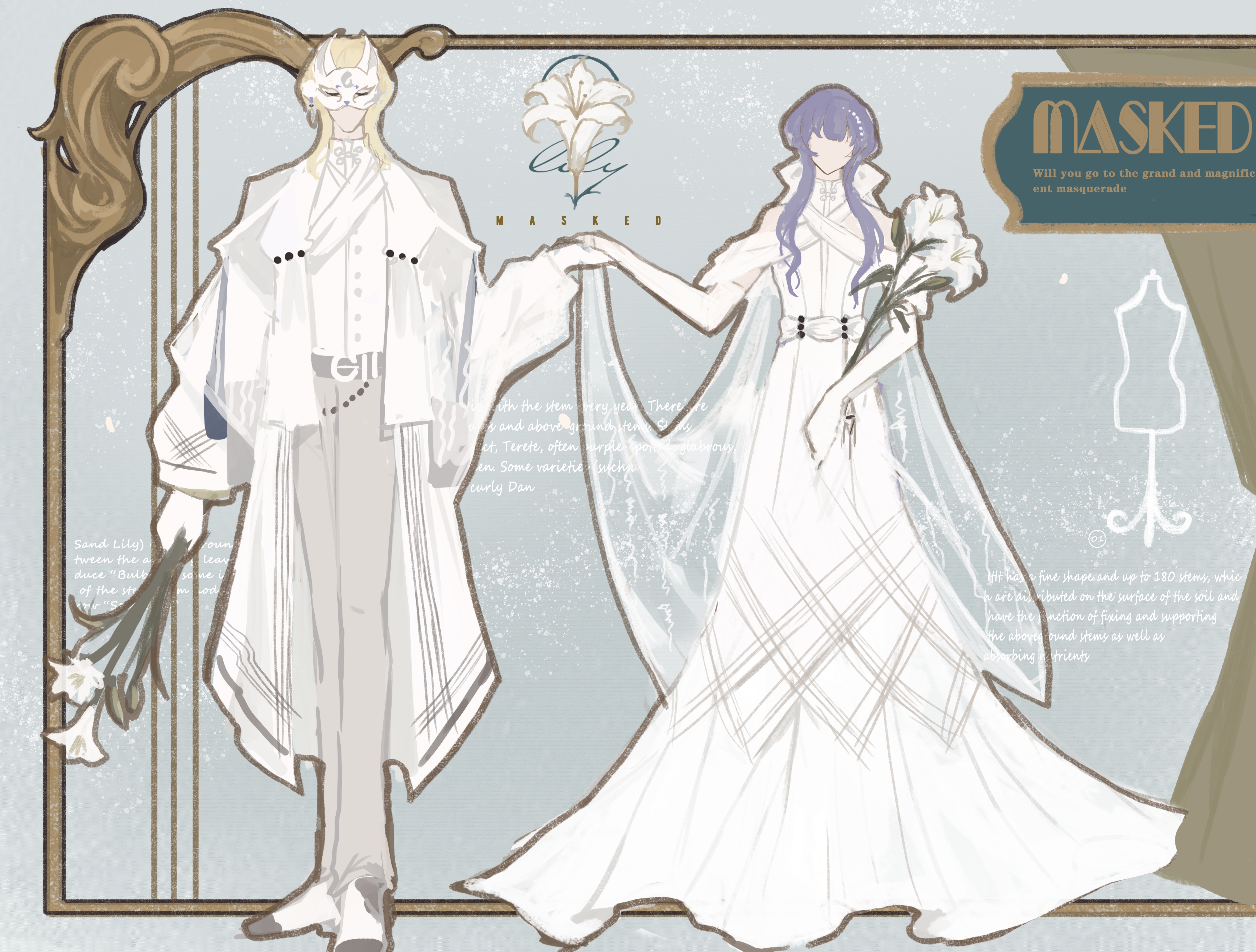 snow234, alkaid mcgrath, alkaid mcgrath (masquerade), heroine (lovebrush chronicles), lovebrush chronicles, white lily, absurdres, chinese commentary, highres, 1boy, 1girl, alternate costume, aqua background, arm at side, bare shoulders, belt, blonde hair, border, bouquet, bow, center-flap bangs, closed eyes, clothing cutout, coat, domino mask, dress, dress shirt, elbow gloves, english text, evening gown, faceless, faceless female, faceless male, facing viewer, flower, formal clothes, fox mask, full body, gloves, grey belt, grey pants, hair bow, holding, holding bouquet, holding hands, large bow, lily (flower), long dress, long sleeves, mandarin collar, mannequin, mask, masquerade mask, matching outfits, medium hair, official alternate costume, open clothes, open coat, ornate border, outside border, pants, pearl hair ornament, pelvic curtain, puffy long sleeves, puffy sleeves, purple hair, scarf, see-through clothes, see-through shawl, shawl, shirt, shoes, short sleeves, shoulder cutout, side-by-side, sidelocks, standing, straight-on, veil, veil lift, white bow, white coat, white dress, white flower, white gloves, white scarf, white shawl, white shoes, white veil