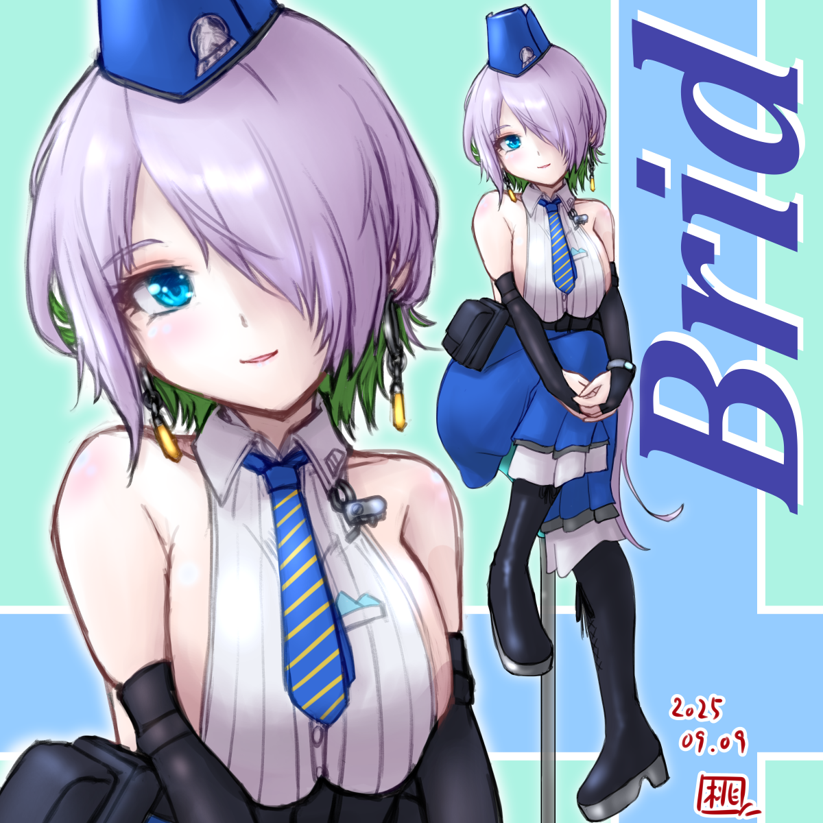 brid (nikke), goddess of victory: nikke, commentary request, highres, 1girl, backless shirt, bare shoulders, belt pouch, black boots, blue eyes, blue hat, blue necktie, blue skirt, boots, breasts, bridal gauntlets, character name, collarbone, collared shirt, dated, earrings, floating earrings, full body, garrison cap, grey hair, hair between eyes, hair over one eye, hat, high-waist skirt, jewelry, knee boots, large breasts, long hair, long skirt, looking at viewer, momosakitenp, necktie, parted lips, pouch, shirt, sideboob, sideless shirt, sidelocks, signature, sitting, skirt, sleeveless, sleeveless shirt, smile, stool, striped necktie, white shirt, zoom layer