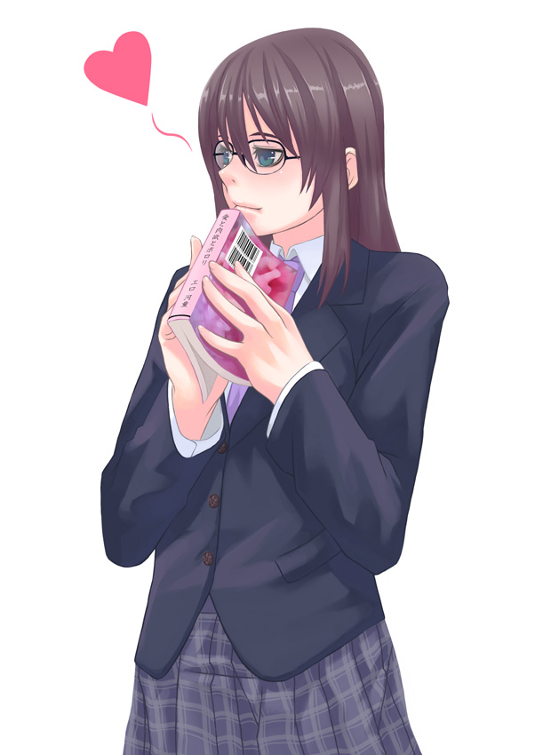 blush, book, brown hair, glasses, green eyes, heart, school uniform, serafuku, solo