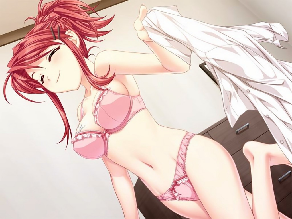 saeki hokuto, minamoto rui, rui wa tomo wo yobu, game cg, 1girl, barefoot, bra, closed eyes, feet, female focus, hair ornament, hairclip, happy, lingerie, panties, red hair, smile, solo, tattoo, underwear, underwear only, undressing