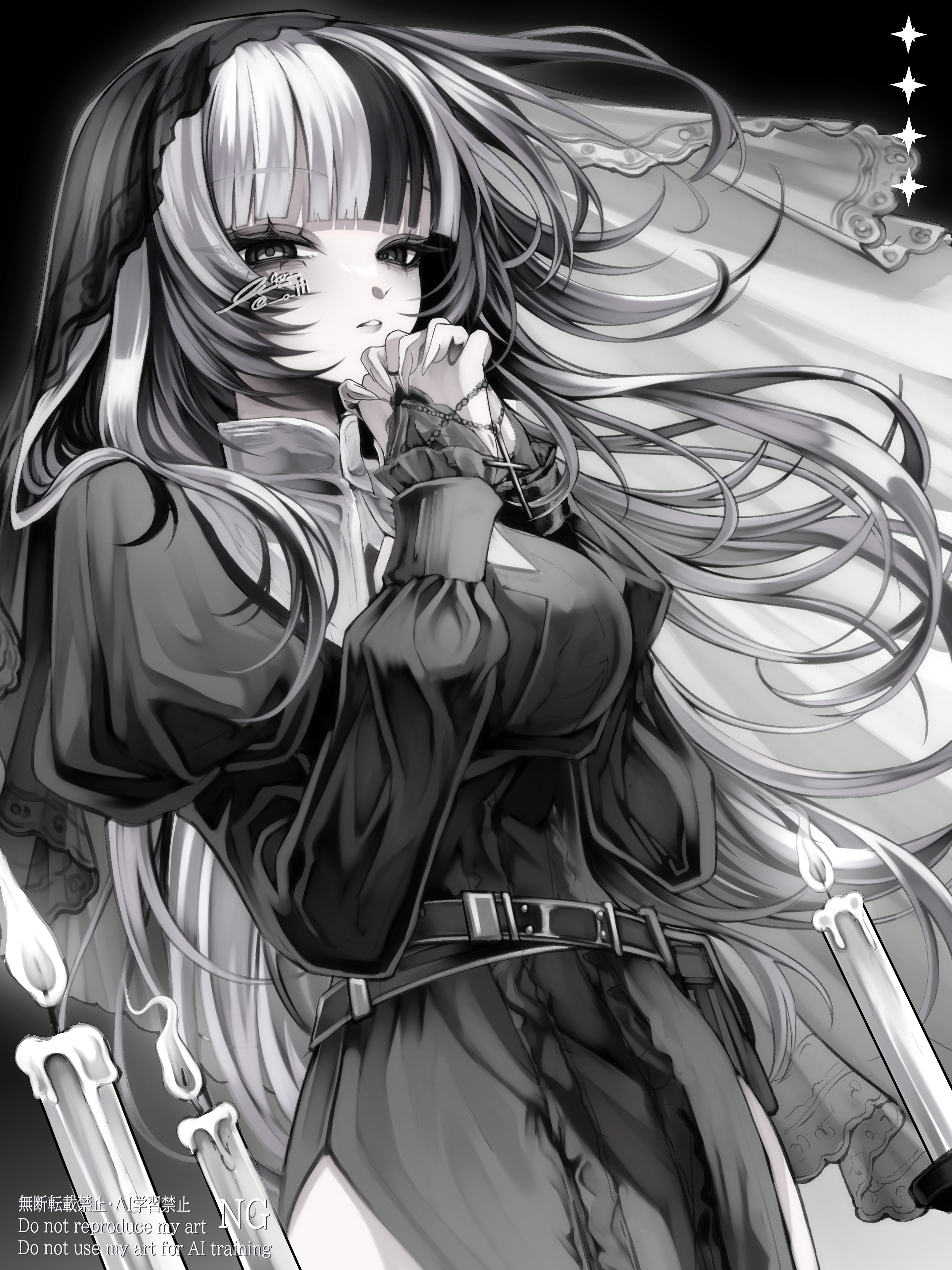 402 (o0 xxx), original, absurdres, commentary request, highres, belt, black background, black eyes, black hair, black veil, breasts, candle, cowboy shot, eyelashes, goth fashion, grey hair, half-closed eyes, holding rosary, leaning back, long hair, looking at viewer, medium breasts, multicolored hair, own hands clasped, own hands together, parted lips, puffy sleeves, side slit, signature, simple background, streaked hair, twitter username, veil, very long hair, watermark
