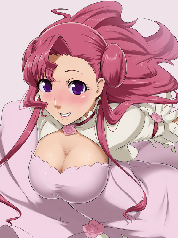 ldl, euphemia li britannia, code geass, 00s, 1girl, blush, breasts, cleavage, donut hair bun, female focus, hair bun, large breasts, long hair, pink hair, purple eyes, smile, solo
