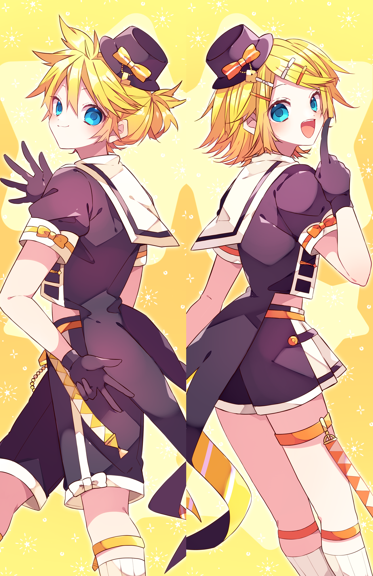 kaho 0102, kagamine len, kagamine rin, vocaloid, commentary request, highres, 1boy, 1girl, :d, black shirt, black shorts, blonde hair, blue eyes, blush, bow, brother and sister, brown gloves, brown hat, closed mouth, double-parted bangs, feet out of frame, from behind, gloves, hair between eyes, hair ornament, hairclip, hand up, hat, hat bow, index finger raised, kneehighs, legwear garter, looking at viewer, looking back, open mouth, orange bow, parallel hairclips, parted bangs, sailor collar, shirt, short hair, short sleeves, shorts, siblings, sleeve bow, smile, socks, standing, star (symbol), star symbol background, striped bow, thigh strap, twins, white sailor collar, white socks, yellow background, yellow bow