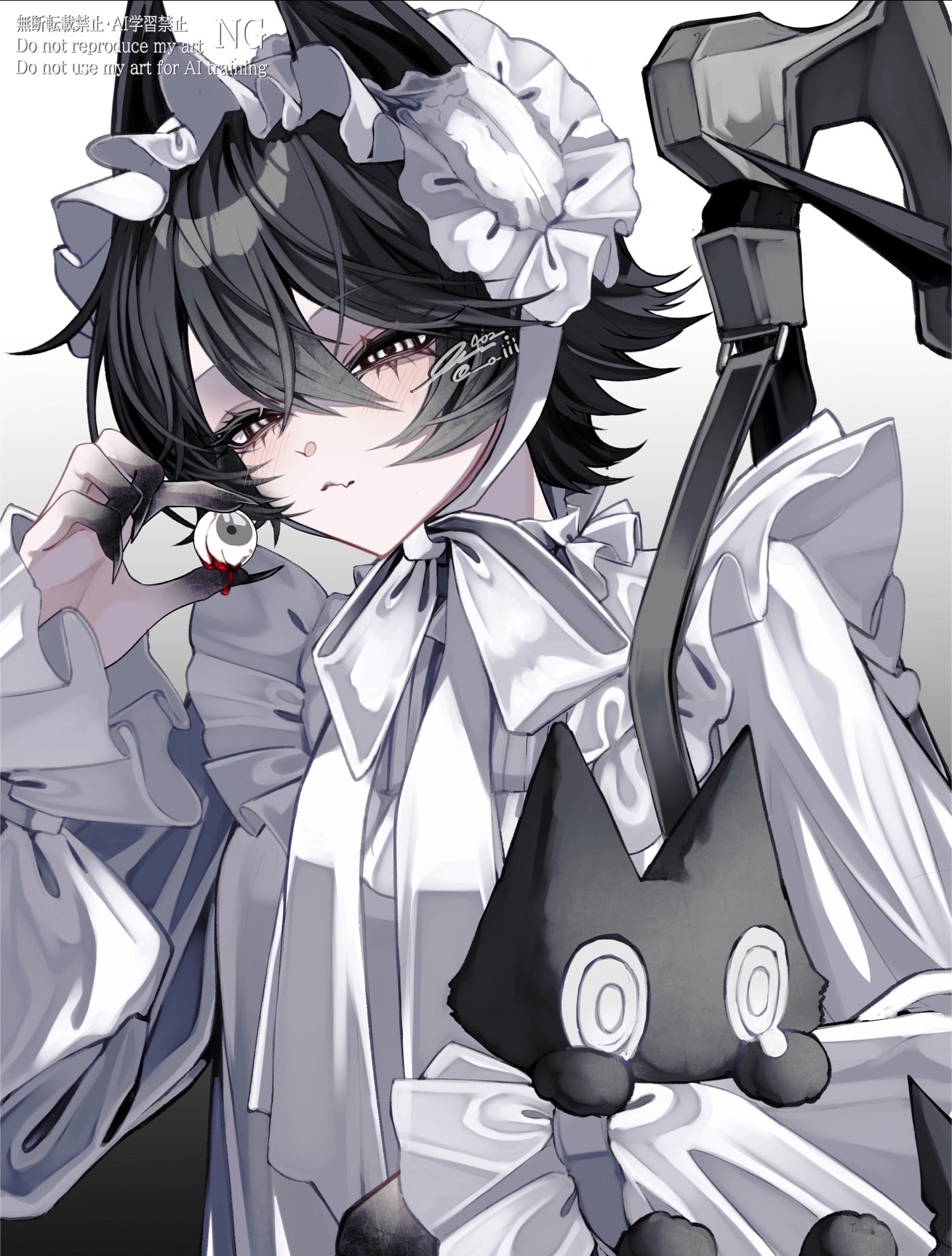 402 (o0 xxx), original, commentary request, highres, 1girl, :3, artist name, black hair, black nails, black skin, blood, blush, colored extremities, colored skin, demon girl, dress, eyeball, eyelashes, fingernails, gradient background, grey background, hair between eyes, hairband, holding, holding eyeball, holding stuffed toy, long sleeves, sharp fingernails, short hair, stuffed toy, twitter username, watermark, white background, white dress, white hairband