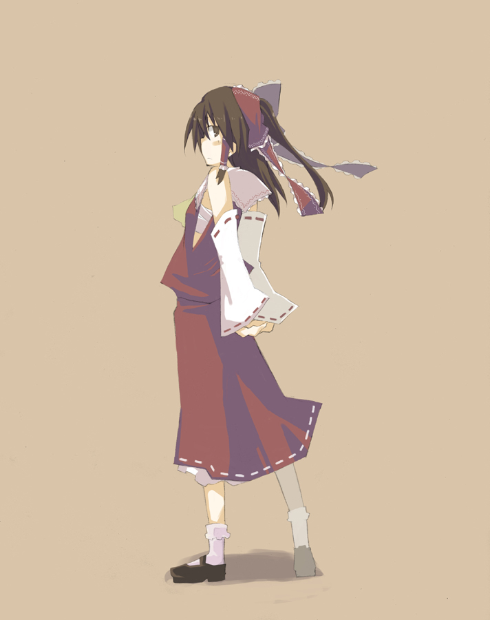 chig (mizusaki), mizumisaki, hakurei reimu, touhou, 1girl, arms behind back, ascot, black shoes, brown eyes, brown hair, detached sleeves, female focus, from side, hair ribbon, japanese clothes, miko, ribbon, shoes, socks, solo, white socks, yellow ascot