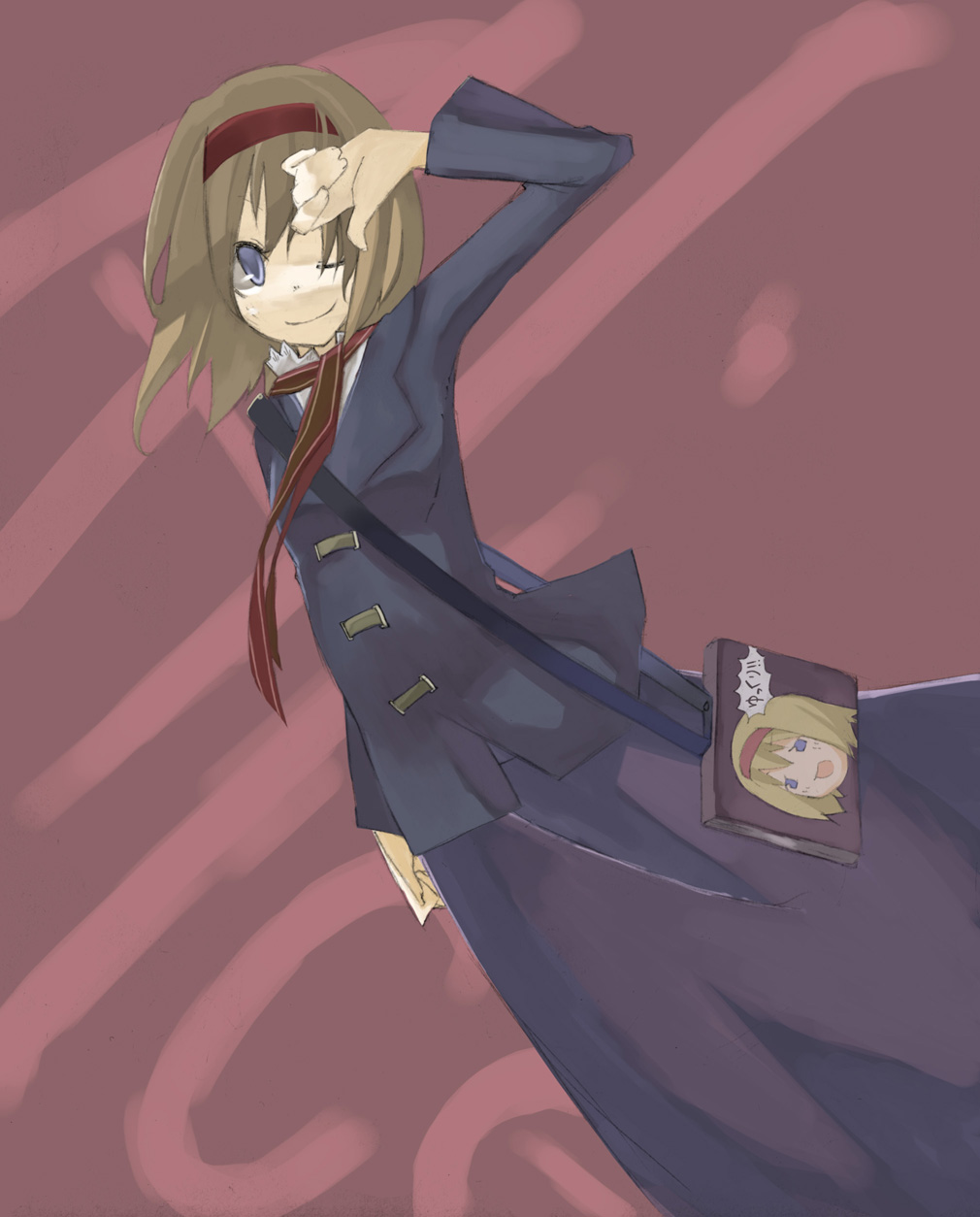 chig (mizusaki), mizumisaki, alice margatroid, touhou, highres, 1girl, alternate costume, blue eyes, book, contemporary, female focus, hairband, one eye closed, scarf, school uniform, serafuku, solo, wink, yukkuri shiteitte ne