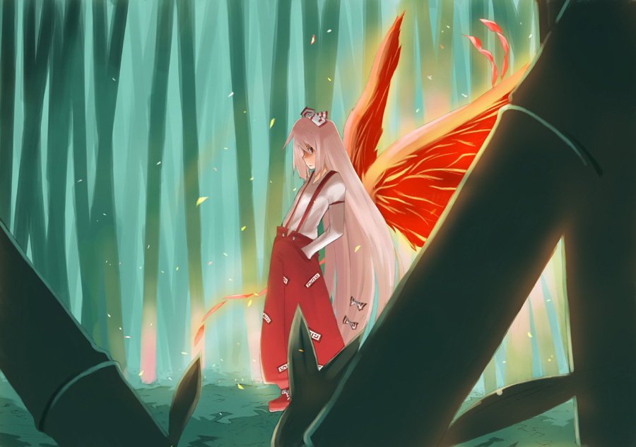 chig (mizusaki), mizumisaki, fujiwara no mokou, touhou, 1girl, bamboo, bamboo forest, embers, female focus, fiery wings, fire, forest, hair ribbon, long hair, nature, ribbon, solo, suspenders, white hair, wings