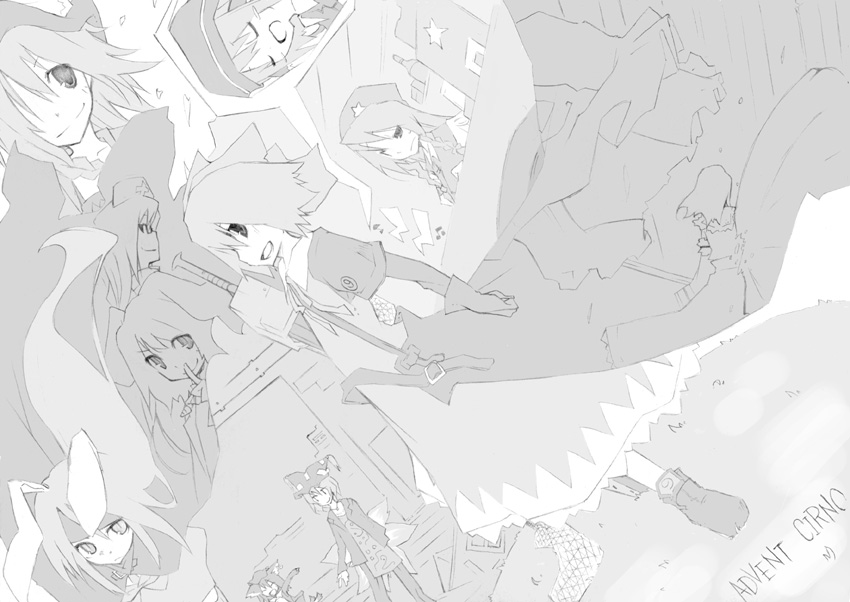 chig (mizusaki), mizumisaki, chen, cirno, hong meiling, reisen udongein inaba, yakumo ran, advent cirno, touhou, 5girls, :d, bare shoulders, blush, dress, dutch angle, female focus, from behind, greyscale, hair over one eye, long hair, looking at viewer, looking back, monochrome, multiple girls, open mouth, smile