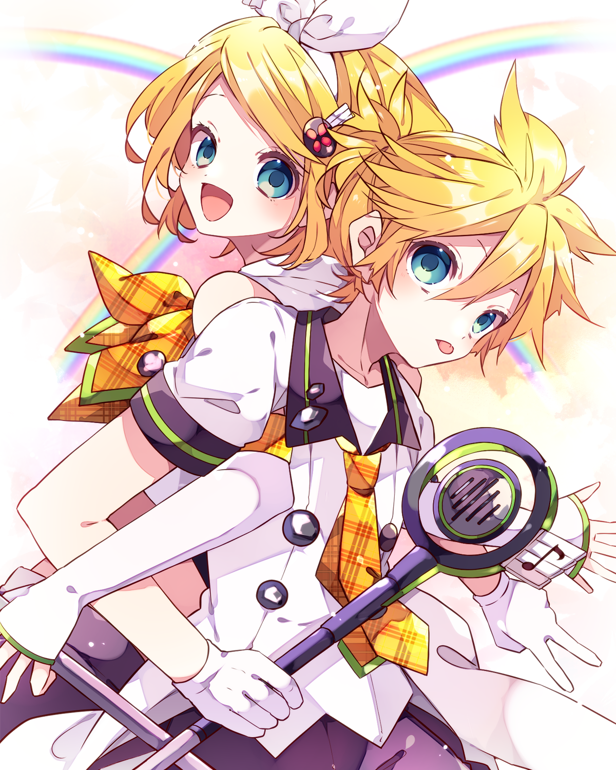 kaho 0102, kagamine len, kagamine rin, vocaloid, commentary request, highres, 1boy, 1girl, :d, bare shoulders, blonde hair, blue eyes, blush, bow hairband, brother and sister, closed mouth, double-parted bangs, elbow gloves, gloves, hair between eyes, hairband, looking at viewer, neckerchief, necktie, open mouth, parted bangs, plaid clothes, plaid neckerchief, plaid necktie, rainbow, shirt, short hair, short sleeves, siblings, sleeveless, sleeveless shirt, smile, tongue, tongue out, twins, upper body, white gloves, white hairband, white shirt, yellow neckerchief, yellow necktie