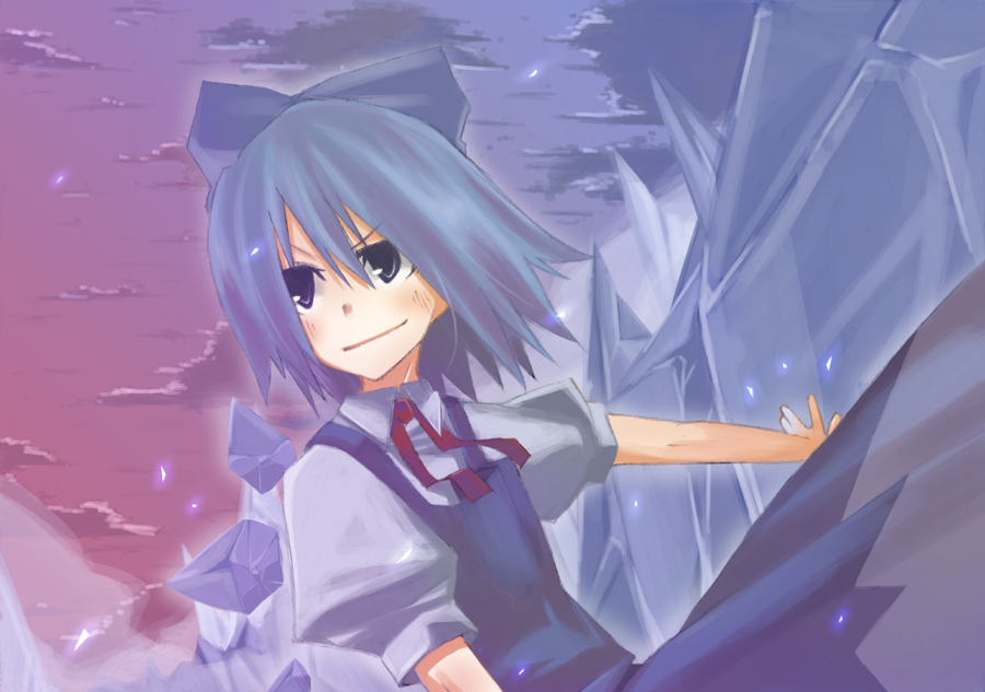 chig (mizusaki), mizumisaki, cirno, embodiment of scarlet devil, touhou, 1girl, blue dress, blue eyes, blue hair, blush, closed mouth, crystal, dress, female focus, ice, ice wings, matching hair/eyes, puffy short sleeves, puffy sleeves, red ribbon, ribbon, short sleeves, smile, smirk, solo, tareme, upper body, wings
