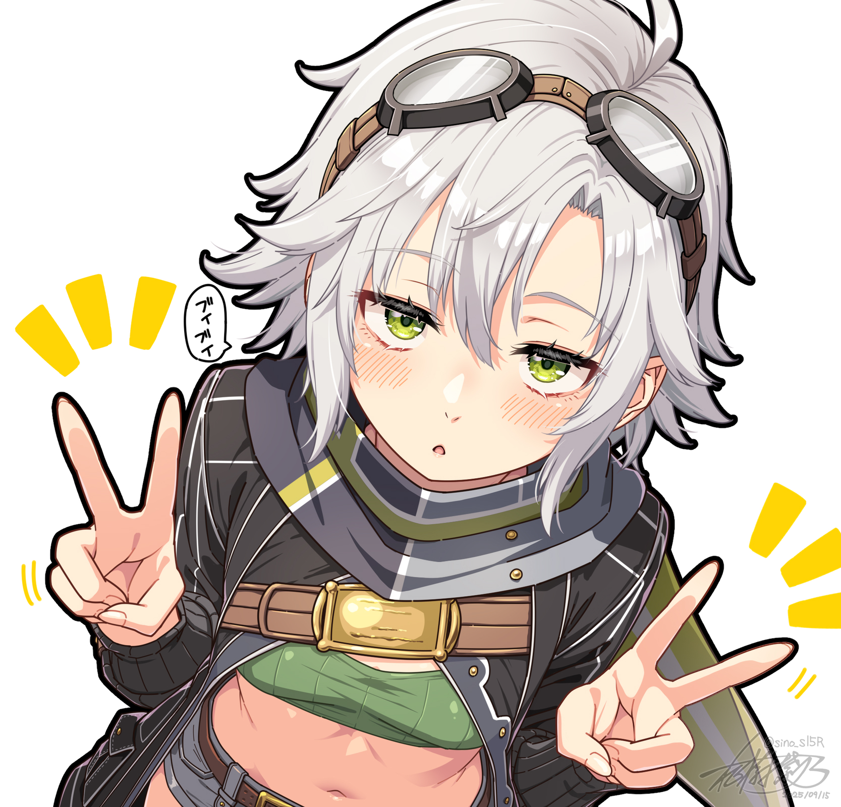masaki shino, fie claussell, eiyuu densetsu, sen no kiseki, sen no kiseki (series), sen no kiseki ii, commentary request, highres, 1girl, blush, dated, double v, from above, goggles, goggles on head, grey hair, hair between eyes, looking at viewer, navel, short hair, signature, simple background, solo, v, white background