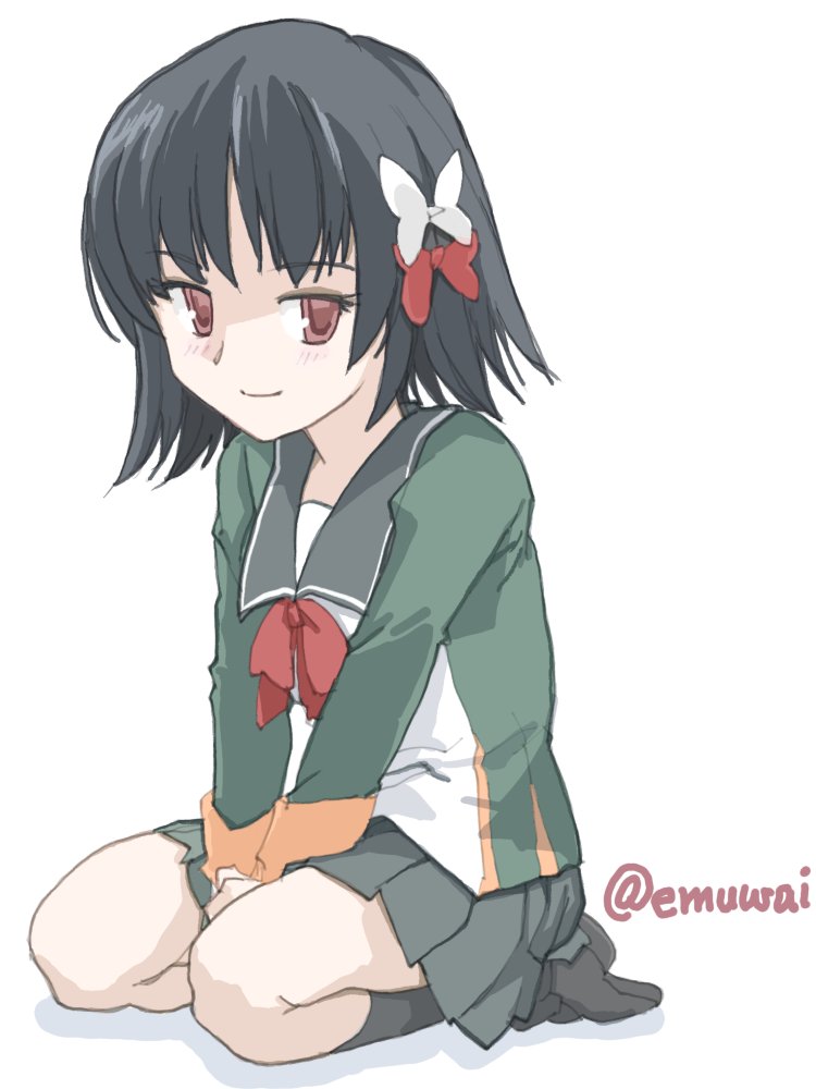 emuwai, ishigaki (kancolle), kantai collection, 1girl, black hair, black socks, brown eyes, green jacket, green sailor collar, green skirt, jacket, looking at viewer, one-hour drawing challenge, sailor collar, school uniform, seiza, serafuku, short hair, simple background, sitting, skirt, smile, socks, solo, twitter username, white background