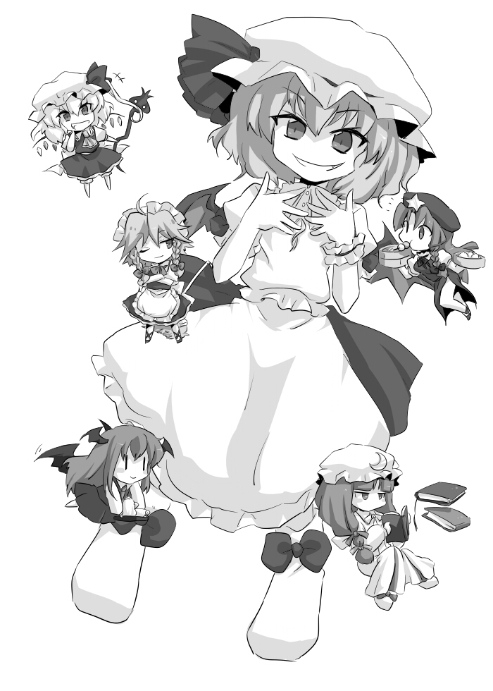 niji (nijioki), flandre scarlet, hong meiling, izayoi sakuya, koakuma, patchouli knowledge, remilia scarlet, embodiment of scarlet devil, touhou, 6+girls, ^^^, apron, ascot, beret, book, bucket, chibi, collar, crossed arms, crystal, demon girl, dress, eating, fang, female focus, flying, frills, greyscale, grimoire, grin, hat, jitome, looking at viewer, mob cap, monochrome, multiple girls, open book, puffy short sleeves, puffy sleeves, reading, short sleeves, simple background, size difference, smile, star (symbol), teeth, tooth, vampire, waist apron, white background, wrist cuffs, | |