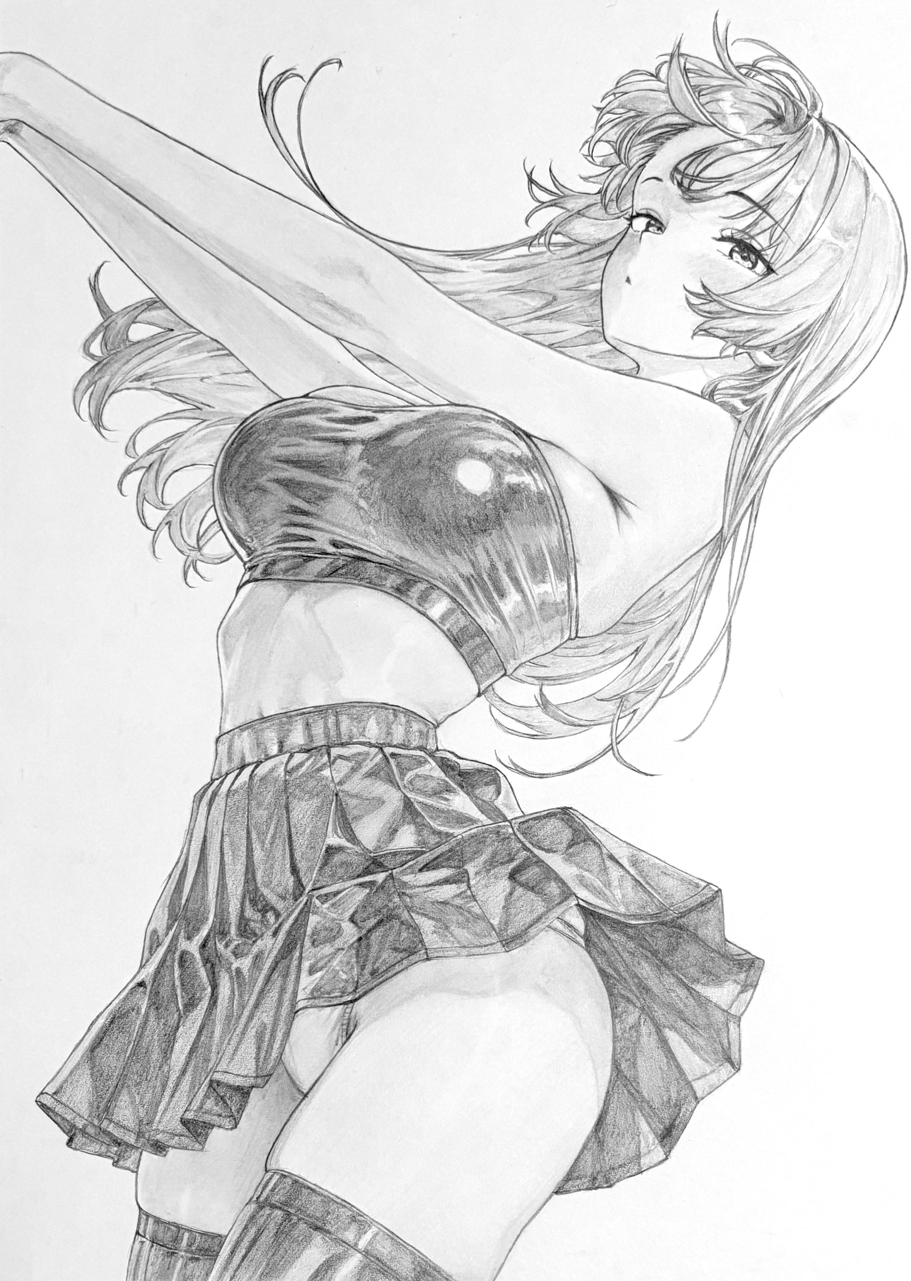 lensia, original, absurdres, commentary request, graphite (medium), highres, traditional media, 1girl, ass, bandeau, bare shoulders, breasts, cowboy shot, dutch angle, from side, greyscale, long hair, looking at viewer, medium breasts, monochrome, navel peek, panties, pantyshot, pleated skirt, shiny clothes, sideboob, skindentation, skirt, thighhighs, underwear
