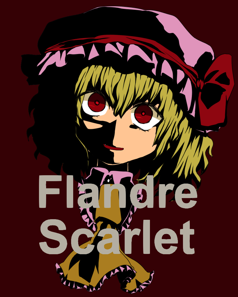 niji (nijioki), flandre scarlet, touhou, 1girl, ascot, blonde hair, character name, evil smile, female focus, frills, red background, red eyes, shaded face, short hair, simple background, smile, solo, upper body