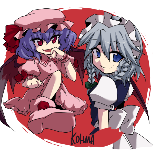 niji (nijioki), izayoi sakuya, remilia scarlet, touhou, 2girls, braid, female focus, hat, maid, multiple girls, white background, wings
