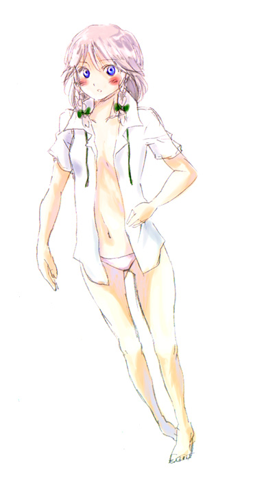 shippori, shishou, izayoi sakuya, touhou, silver hair, 1girl, barefoot, blush, braid, female focus, open clothes, open shirt, panties, shirt, short hair, sketch, solo, twin braids, underwear