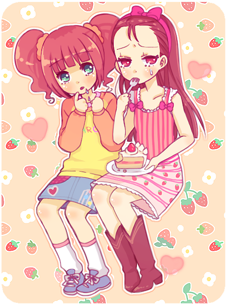 pinkmm, minase iori, takatsuki yayoi, idolmaster, idolmaster (classic), idolmaster 1, 00s, boots, brown hair, cake, eating, food, fork, pastry, sweets, twintails