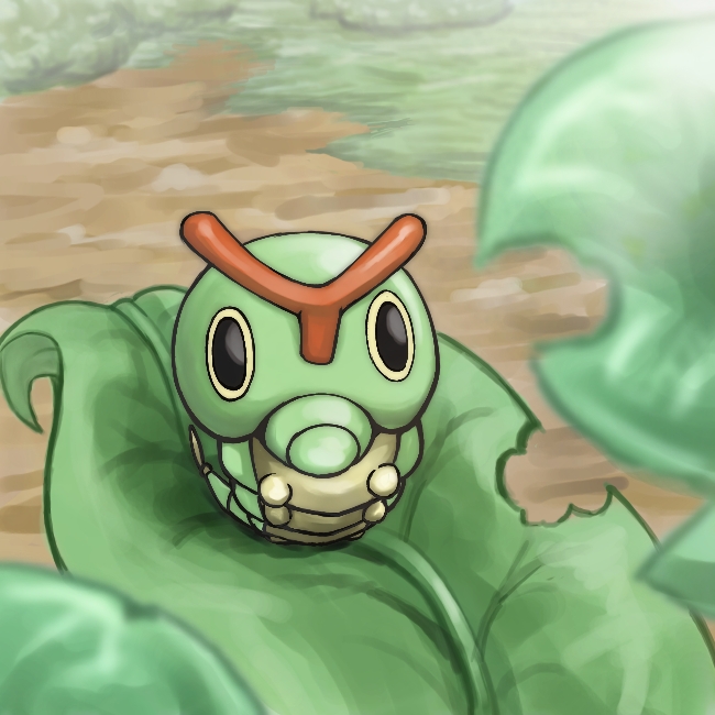 kid-ippo, caterpie, nintendo, pokemon, gen 1 pokemon, grass, leaf, looking at viewer, no humans, outdoors, pokemon (creature), solo