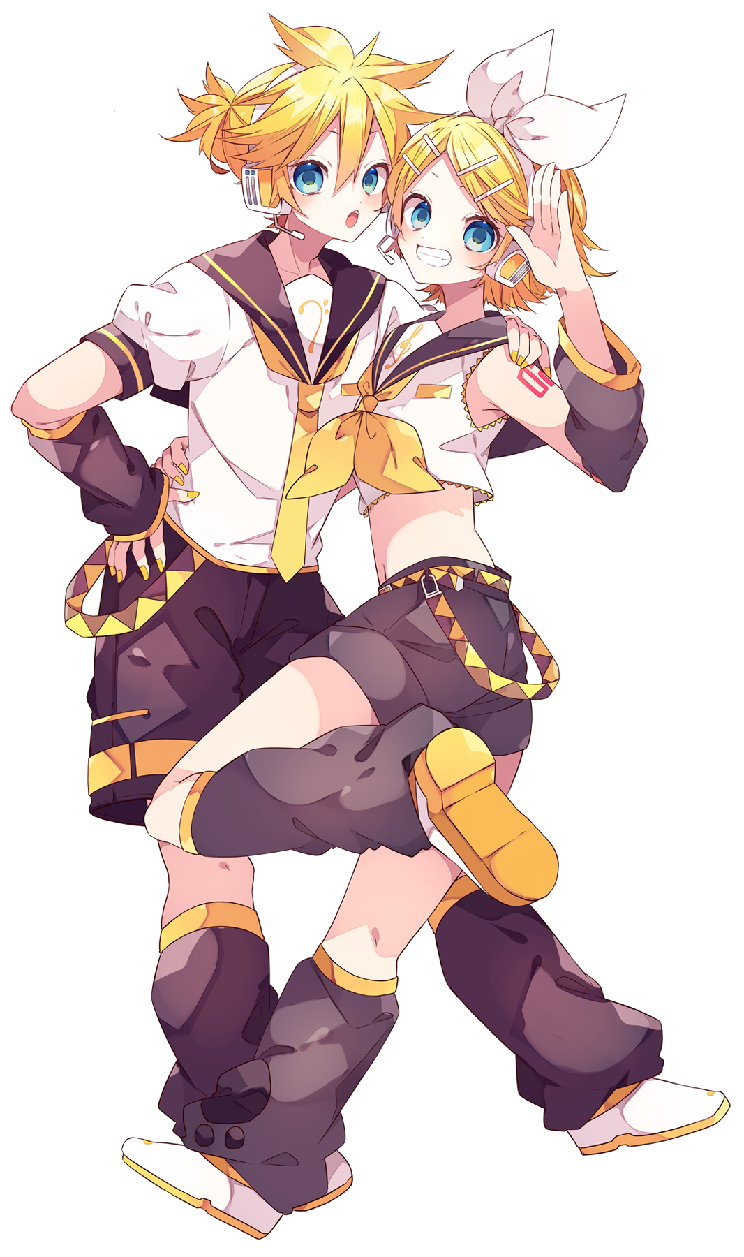 kaho 0102, kagamine len, kagamine rin, vocaloid, commentary request, highres, 1boy, 1girl, :o, bass clef, black sailor collar, black shorts, blonde hair, blue eyes, bow hairband, crop top, cropped shirt, double-parted bangs, full body, grin, hair between eyes, hair ornament, hairband, hairclip, hand on own hip, hand up, headset, leg warmers, looking at viewer, midriff, navel, neckerchief, necktie, open mouth, parallel hairclips, parted bangs, sailor collar, shirt, shoes, short hair, short sleeves, shorts, simple background, sleeveless, sleeveless shirt, smile, standing, white background, white hairband, white shirt, white shoes, yellow neckerchief, yellow necktie