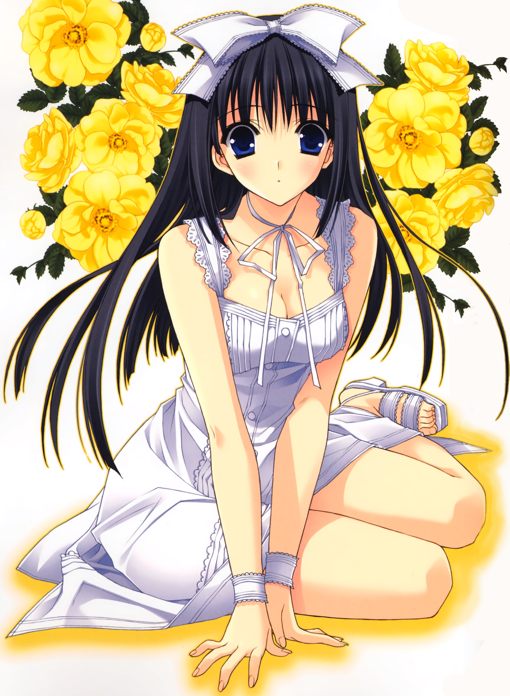 suzuhira hiro, nagase sayaka, soul link, absurdres, highres, non-web source, scan, 00s, 1girl, black hair, blue eyes, bow, dress, female focus, flower, hair bow, hair ribbon, long hair, ribbon, rose, sandals, solo, straight neck, yellow flower, yellow rose