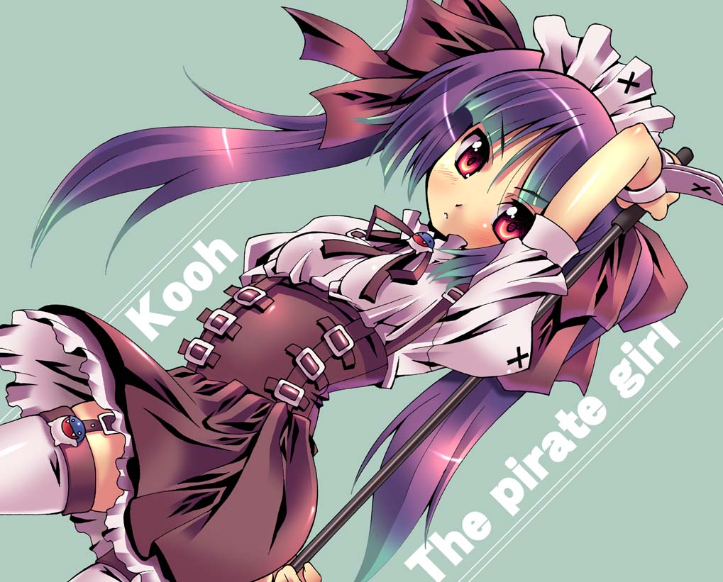 shinozuka atsuto, kooh (pangya), pangya, arm behind back, character name, cowboy shot, garter belt, garter straps, green background, hair ribbon, long hair, purple hair, red eyes, ribbon, solo, thighhighs, twintails, zettai ryouiki