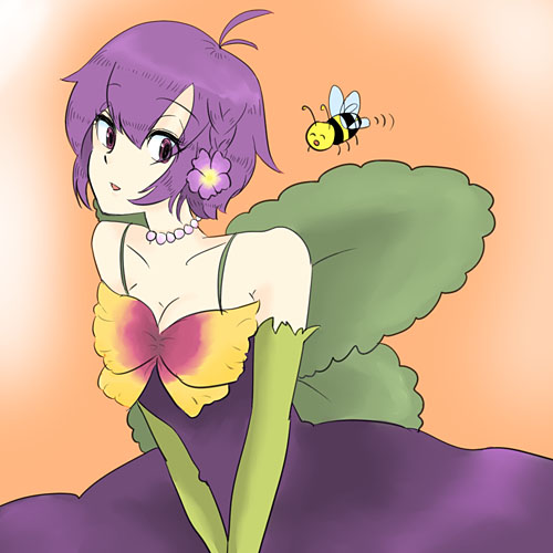 kanenari, pansy-chan, original, bad id, bad pixiv id, lowres, 1girl, bee, breasts, bug, cleavage, dress, elbow gloves, female focus, gloves, insect, medium breasts, purple hair, short hair, solo