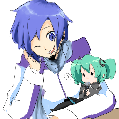 kanenari, hatsune miku, kaito (vocaloid), vocaloid, bad id, bad pixiv id, lowres, 1boy, 1girl, aged down, aqua hair, baby, blue hair, chibi, child, microphone