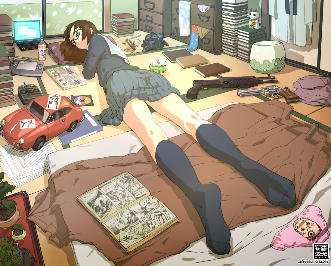 yasumori zen, original, wacom, translation request, 1girl, absurdly detailed composition, bonsai, book, bowl, brown hair, camera, cat statue, cd, comic, computer, computer keyboard, controller, drawing tablet, dual-mode shotgun, feet, female focus, foreshortening, fujoshi, fusuma, futon, glasses, gun, handgun, indoors, kneehighs, laptop, legs, loaded interior, looking at viewer, looking back, lying, maneki neko, manga (object), messy room, miniskirt, no shoes, notes, on stomach, panties, pink panties, pleated skirt, print panties, pump-action shotgun, pump action, remote control, revolver, school uniform, semi-automatic shotgun, serafuku, short hair, shotgun, shouji, skirt, sliding doors, socks, solo, spas-12, tatami, textbook, toy car, underwear, weapon