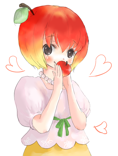 maromi (am97), ringo-chan, original, bad id, bad pixiv id, 1girl, apple, blush, female focus, food, fruit, heart, holding, holding food, holding fruit, multicolored hair, short hair, solo, two-tone hair