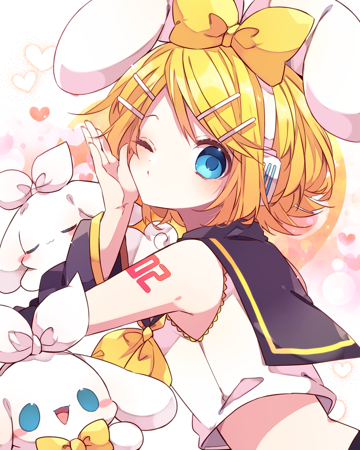 kaho 0102, cinnamoroll, kagamine rin, fuwa fuwa cinnamoroll, sanrio, vocaloid, commentary request, highres, 1girl, arm warmers, bare shoulders, black sailor collar, blonde hair, blue eyes, blush, bow, closed mouth, crop top, cropped shirt, hair bow, hair ornament, hairclip, hand up, headset, looking at viewer, number tattoo, one eye closed, parallel hairclips, parted bangs, sailor collar, shirt, short hair, shoulder tattoo, sleeveless, sleeveless shirt, solo, tattoo, upper body, white shirt, yellow bow