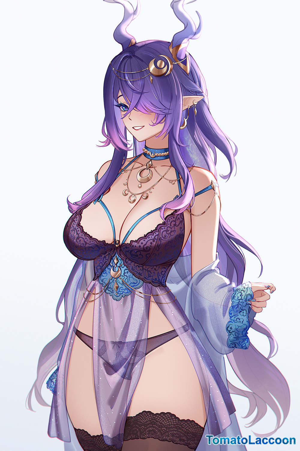 tomatolaccoon, lauma (genshin impact), genshin impact, commentary, english commentary, highres, paid reward available, 1girl, alternate costume, antlers, artist name, bare shoulders, black thighhighs, blue choker, blue eyes, blue nails, blush, bra, breasts, choker, cleavage, cowboy shot, deer antlers, fingernails, hair over one eye, hand up, horns, lace, lace-trimmed thighhighs, lace trim, large breasts, long hair, looking at viewer, nail polish, off shoulder, panties, pointy ears, purple bra, purple hair, purple panties, simple background, smile, solo, stomach, thighhighs, thighs, underwear, very long hair, white background