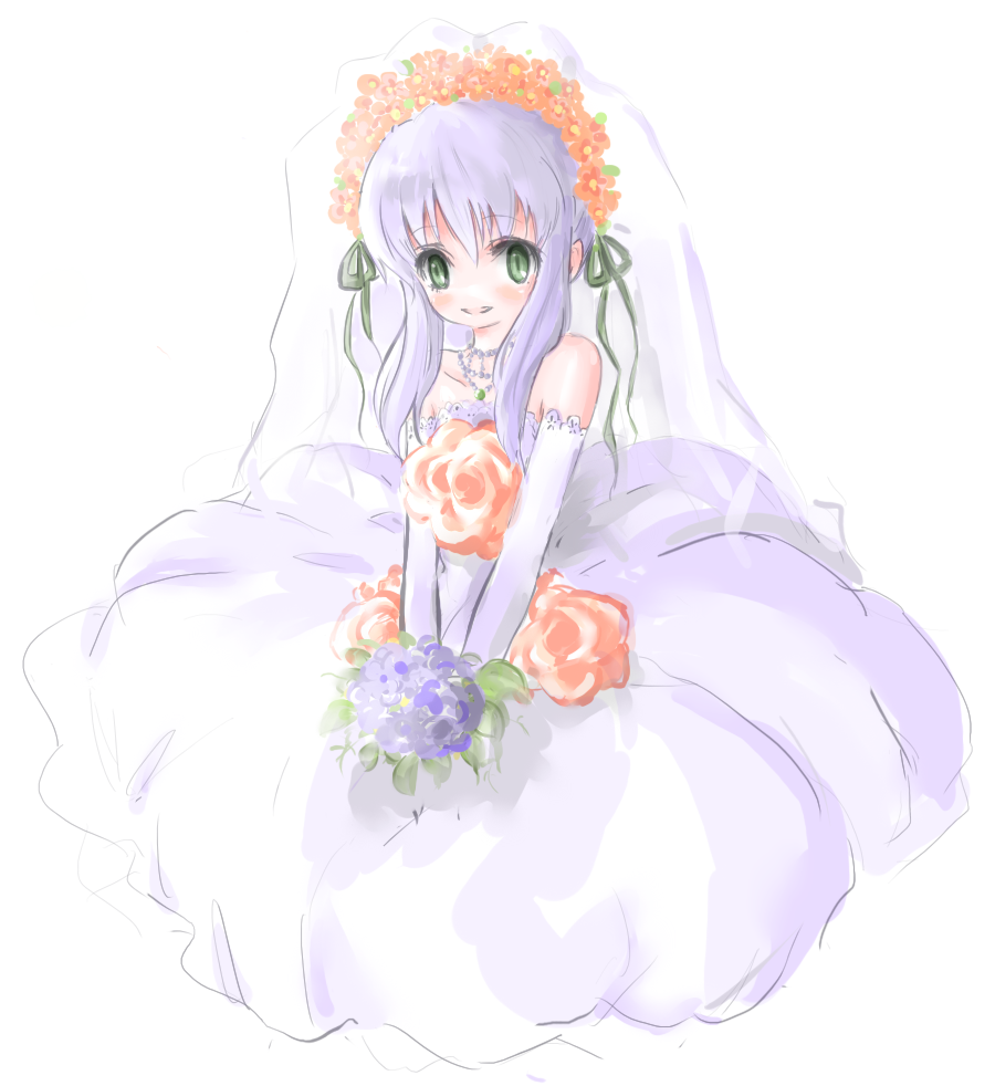 maromi (am97), bad id, bad pixiv id, bare shoulders, bride, dress, elbow gloves, flower, gloves, green eyes, long hair, purple hair, solo, wedding dress