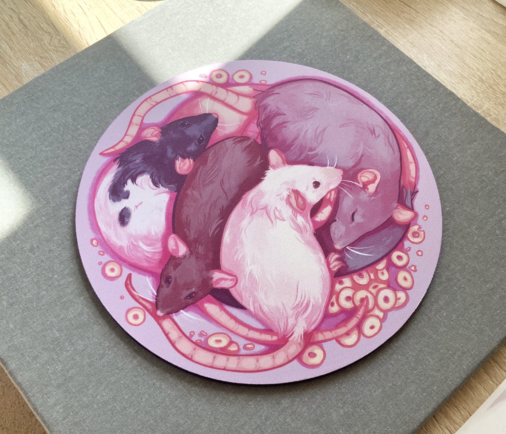 original, highres, photo (medium), animal focus, black fur, black sclera, brown fur, cereal, closed eyes, colored sclera, cuddling, grey fur, krissyewins, mouse (animal), mousepad (object), no humans, sleeping, snout, two-tone fur, whiskers, white fur