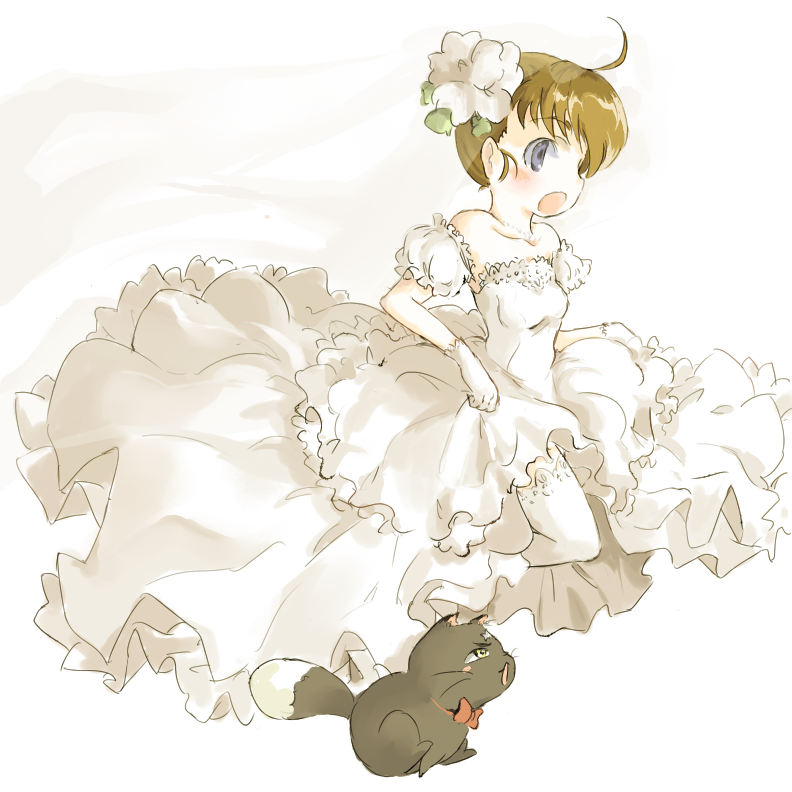 maromi (am97), arika yumemiya, mikoto (my-otome), my-otome, 00s, 1girl, ahoge, blue eyes, bride, brown hair, cat, dress, female focus, flower, gloves, hair ornament, running, short hair, solo, thighhighs, wedding dress