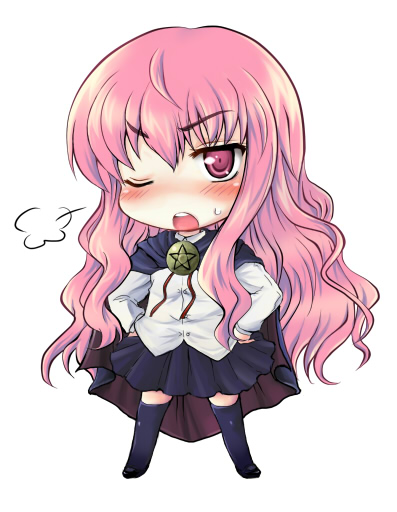 yuki mashiro, louise francoise le blanc de la valliere, zero no tsukaima, 00s, 1girl, blush, cape, chibi, female focus, hands on own hips, long hair, no nose, one eye closed, open mouth, pentacle, pink eyes, pink hair, skirt, solo, thighhighs, white background