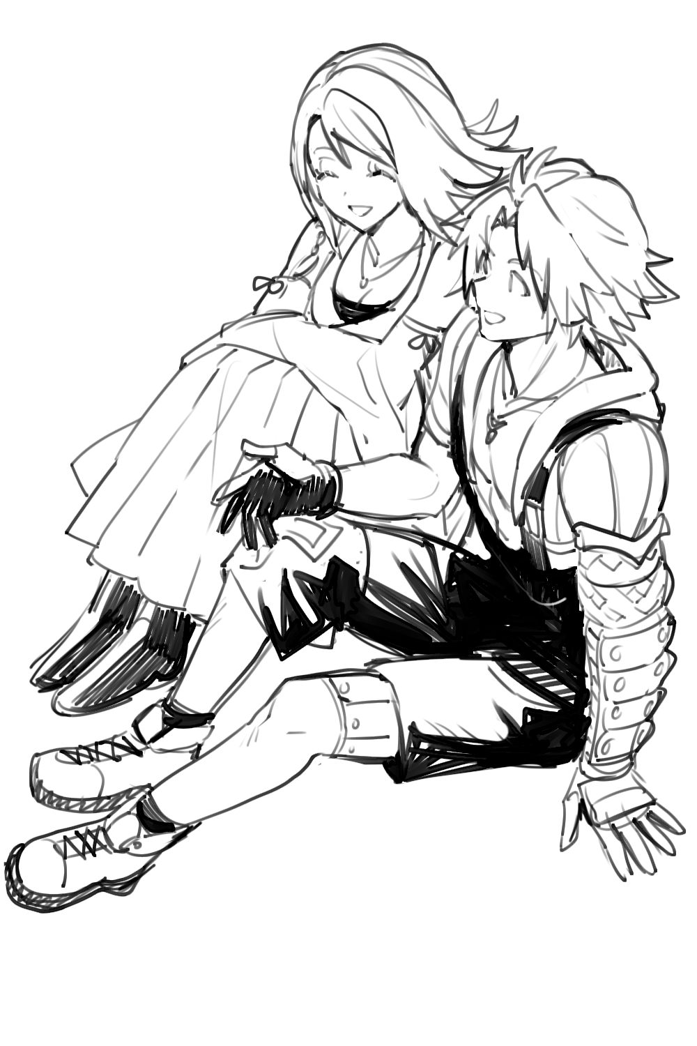 dede (qwea 00000), tidus, yuna (ff10), final fantasy, final fantasy x, highres, 1boy, 1girl, armor, armored gloves, bare shoulders, beads, black overalls, boots, closed eyes, couple, detached sleeves, full body, greyscale, hair beads, hair ornament, hetero, hugging own legs, japanese clothes, jewelry, long skirt, medium hair, monochrome, necklace, nontraditional miko, open mouth, overalls, parted bangs, pleated skirt, short hair, shoulder armor, sitting, sketch, skirt, smile, white background