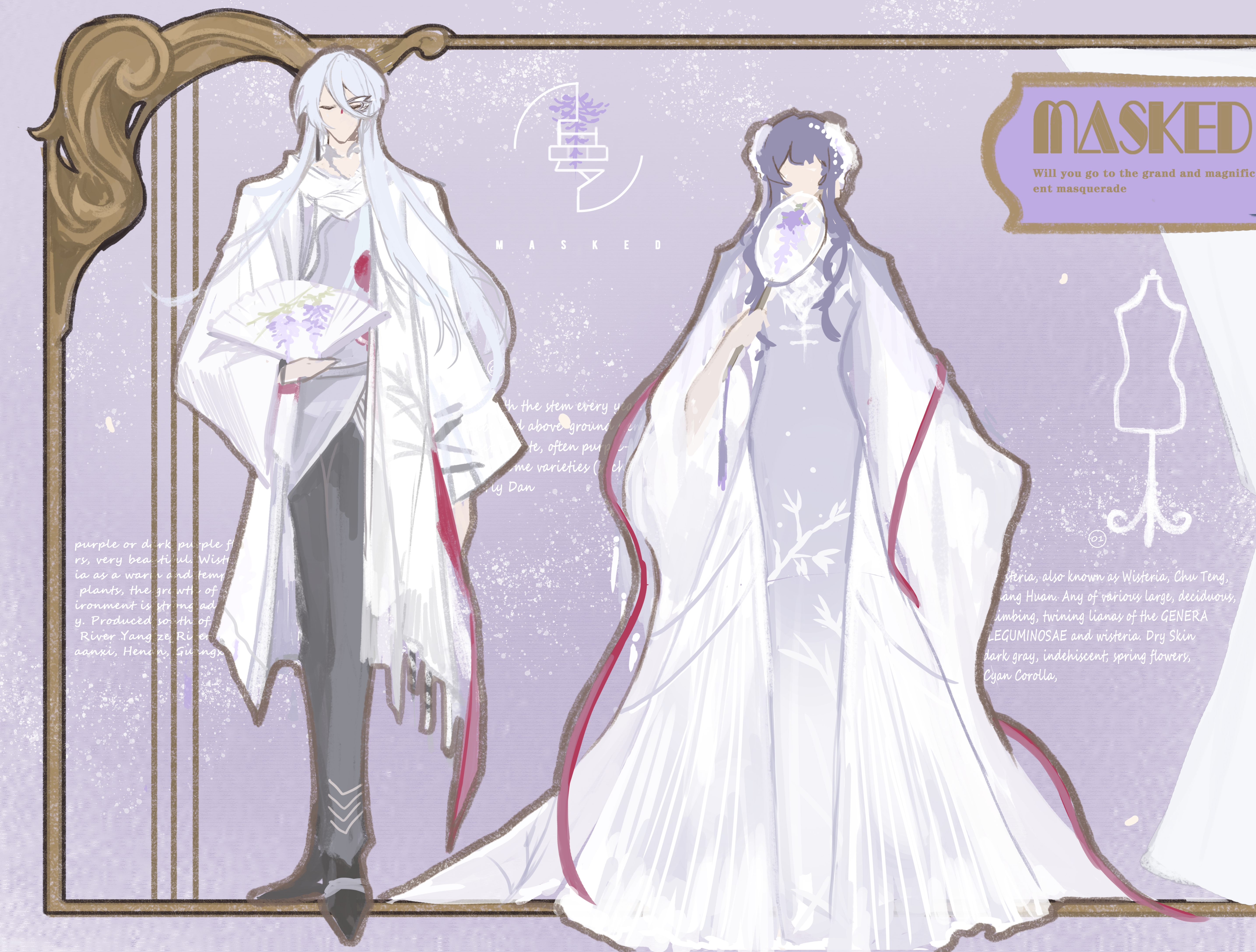 snow234, cael anselm, cael anselm (masquerade), heroine (lovebrush chronicles), lovebrush chronicles, absurdres, chinese commentary, highres, 1boy, 1girl, alternate costume, arm at side, bamboo print, black shoes, border, bracelet, center-flap bangs, chinese clothes, choker, closed eyes, coat, domino mask, dress, earrings, english text, evening gown, faceless, faceless female, faceless male, facing viewer, flower, folding fan, formal clothes, full body, gradient clothes, gradient dress, grey pants, hair between eyes, hair flower, hair ornament, half mask, hand fan, hand up, holding, holding fan, jewelry, long bangs, long dress, long hair, long sleeves, loosely tucked bangs, mannequin, mask, matching outfits, official alternate costume, open clothes, open coat, ornate border, outside border, pants, pelvic curtain, print fan, purple background, purple dress, purple hair, purple tunic, red ribbon, ribbon, scarf, shoes, side-by-side, standing, straight-on, tassel, tassel earrings, tuanshan, tunic, very long hair, white coat, white dress, white flower, white hair, white scarf, wide sleeves, wisteria print