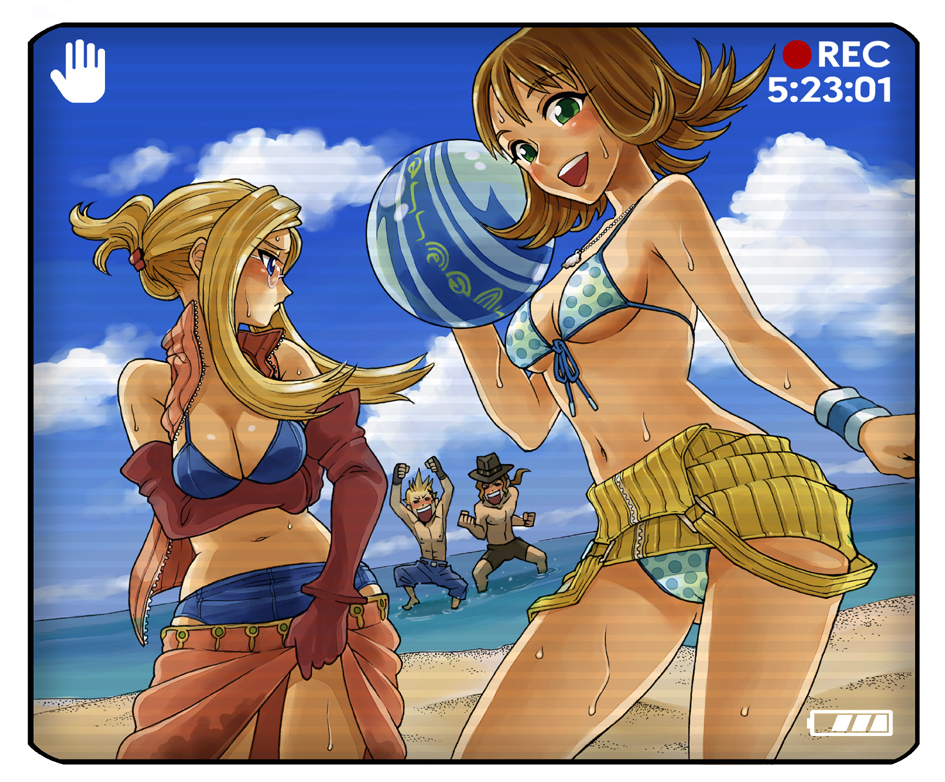 mimonel, irvine kinneas, quistis trepe, selphie tilmitt, zell dincht, final fantasy, final fantasy viii, breast hold, 1990s (style), 2boys, 2girls, ball, beach, beachball, bikini, bikini under clothes, blitzball, blonde hair, blue eyes, blush, breast rest, breasts, brown hair, cameltoe, cleavage, clothes lift, cowboy hat, cowboy western, day, dress, dress lift, elbow gloves, flipped hair, glasses, gloves, green eyes, hat, large breasts, multiple boys, multiple girls, outdoors, polka dot, polka dot bikini, pov, retro artstyle, swimsuit, timestamp, underboob, undressing, viewfinder, wet, zipper dress